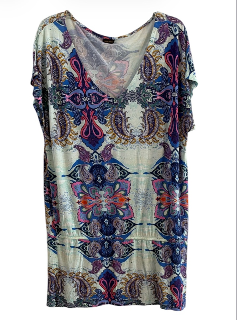LASCANA Vibrant Paisley Print Short Sleeve V-Neck Boho Mini Dress Size XL